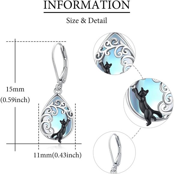 925 Sterling Silver Cat Tree of Life Earrings with Moonstone for Women Jewelry - Picture 2 of 7